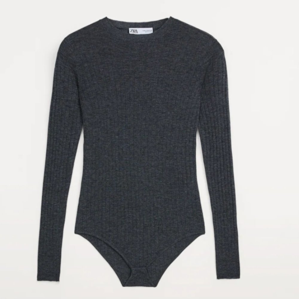 ZARA WOMAN GRAY 100% EXTRA FINE WOOL LONG SLEEVE BODYSUIT